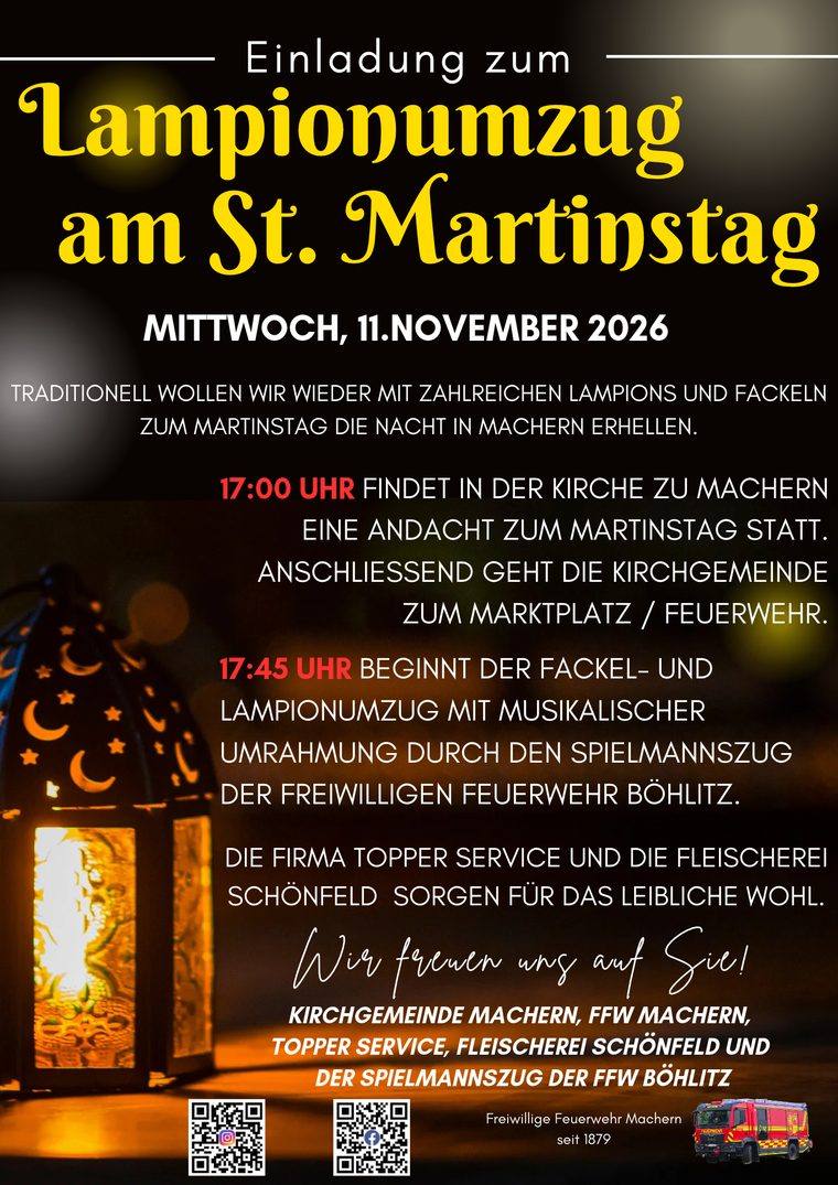 Flyer: Einladung zum Lampionumzug am St. Martinstag, Mittwoch, 11. November 2026, in Machern