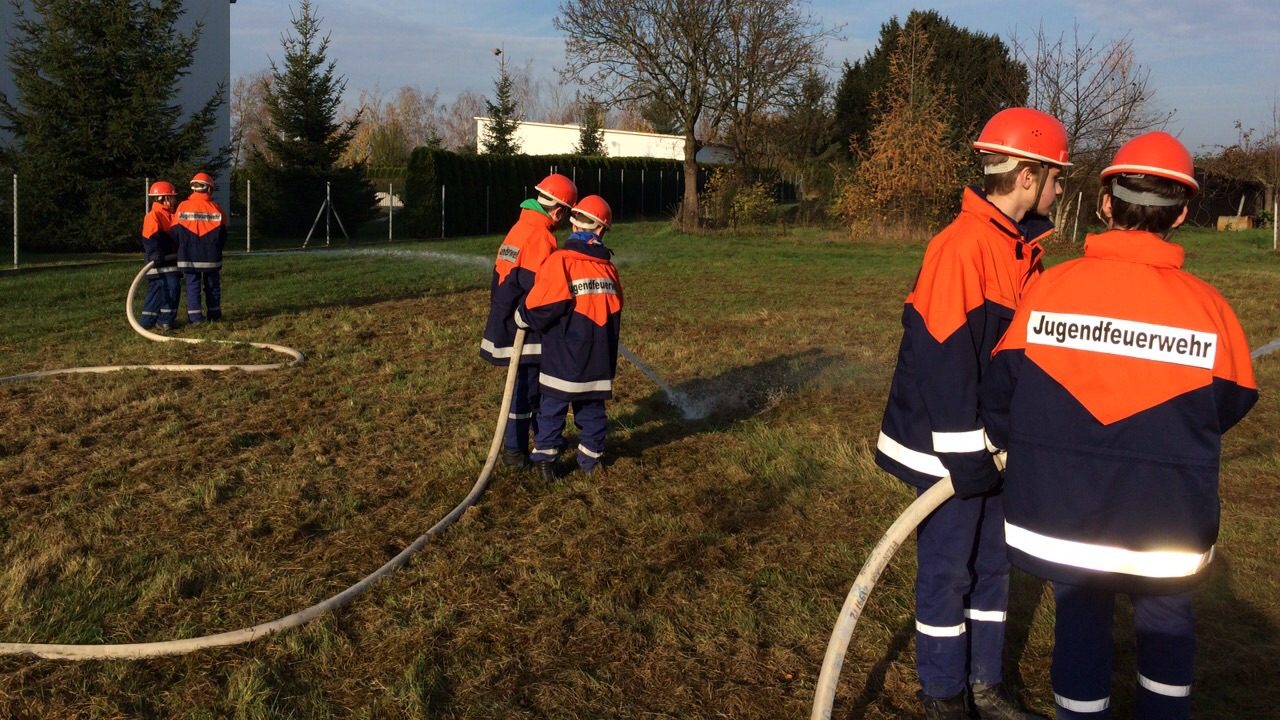 Mitglieder der Jugendfeuerwehr Machern üben mit Schläuchen und Strahlrohren auf einer Wiese